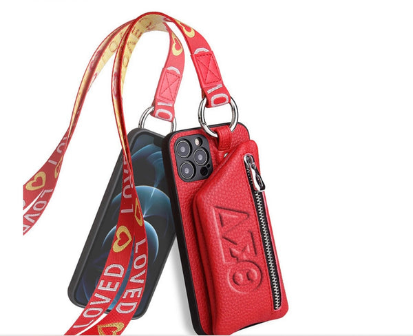 NEW! Red Leather Phone Lanyard Case w/Wallet