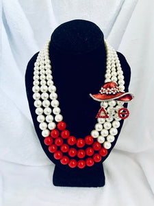 Delta - Pearl Necklace with Red Beads & Hat Lapel Pin Set