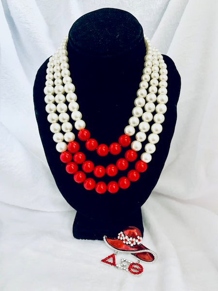 Delta - Pearl Necklace with Red Beads & Hat Lapel Pin Set