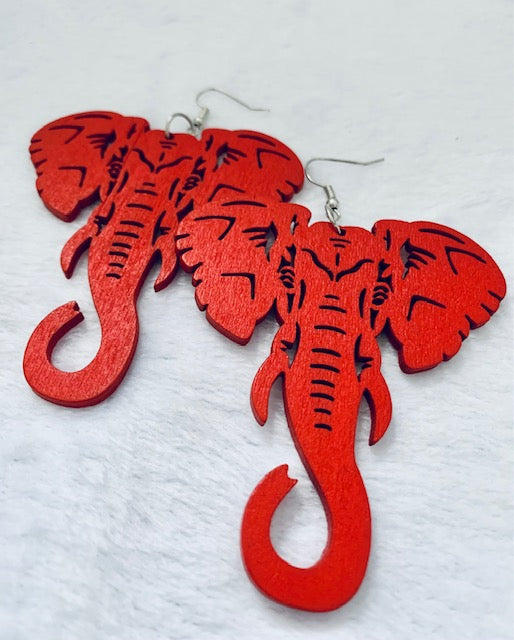 Red Wooden Elephant Earrings